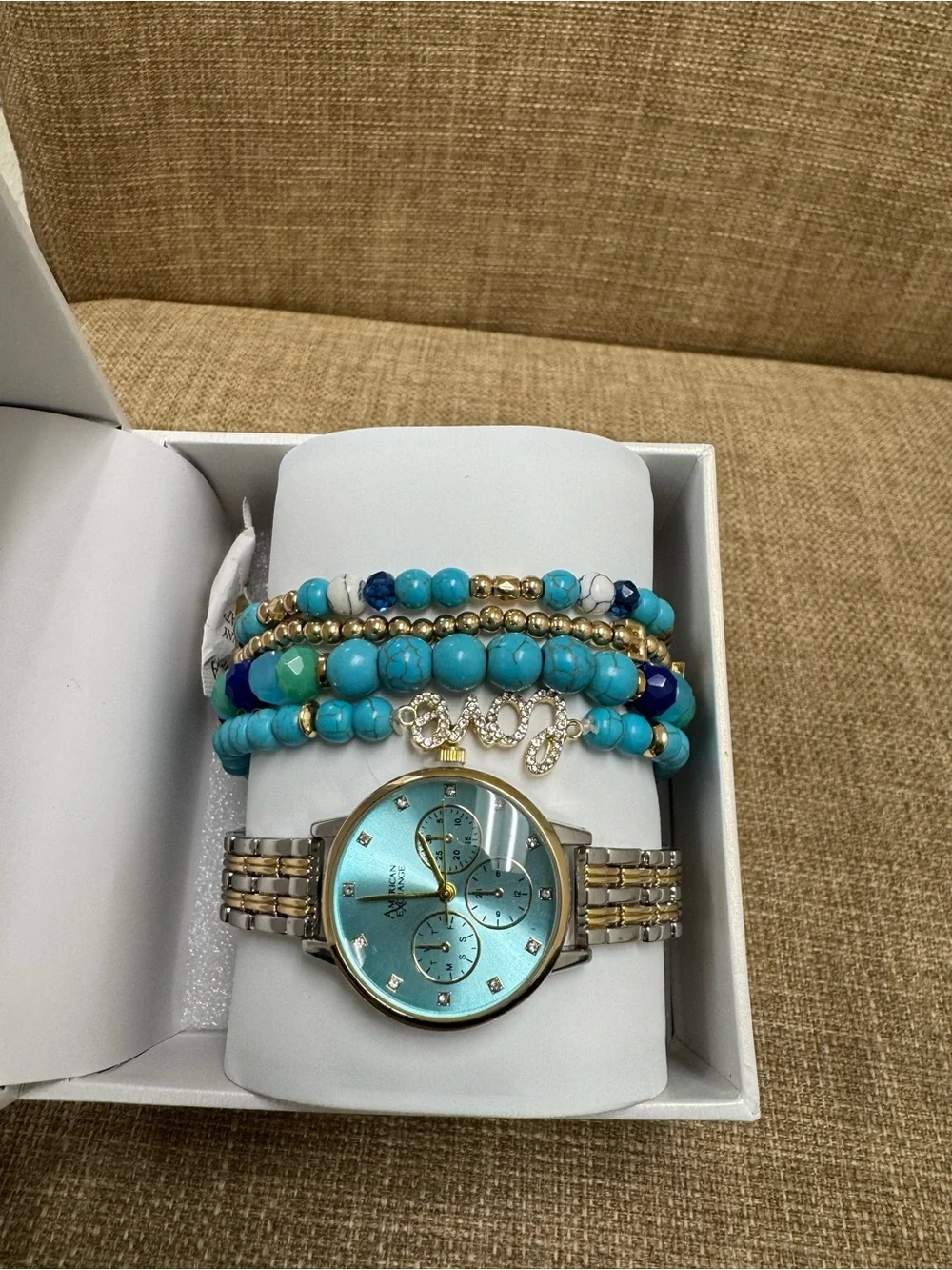 American Exchange Women’s Quartz Analog Two-Tone Blue Dial Bracelet Watch Box